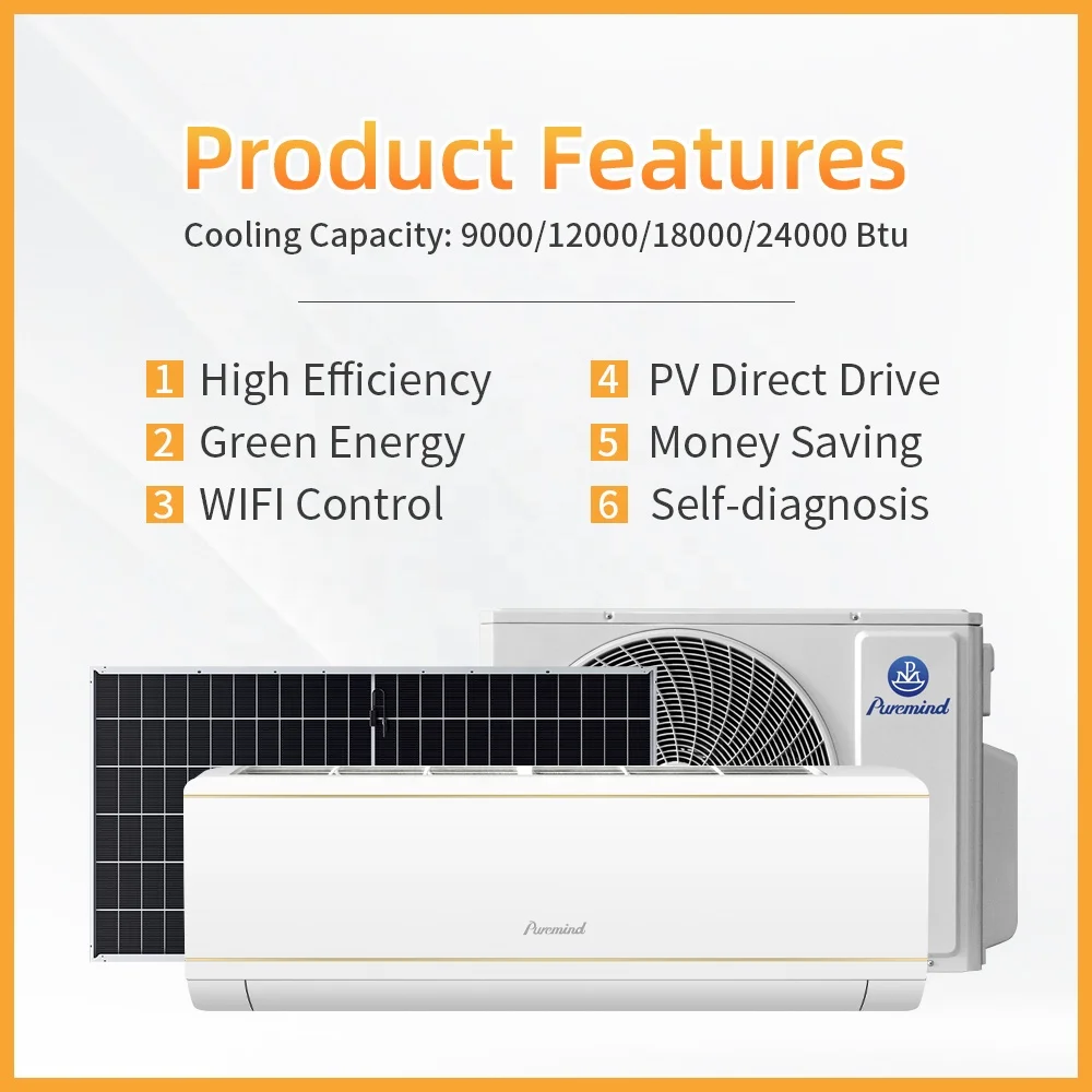 Puremind Dc Ac Hybrid Climatiseur Onduleur 9000btu 12000btu Climatiseurs Solaires De Type Split Panneau Solaire Tuya App - Buy Product on Alibaba.com – Image 2